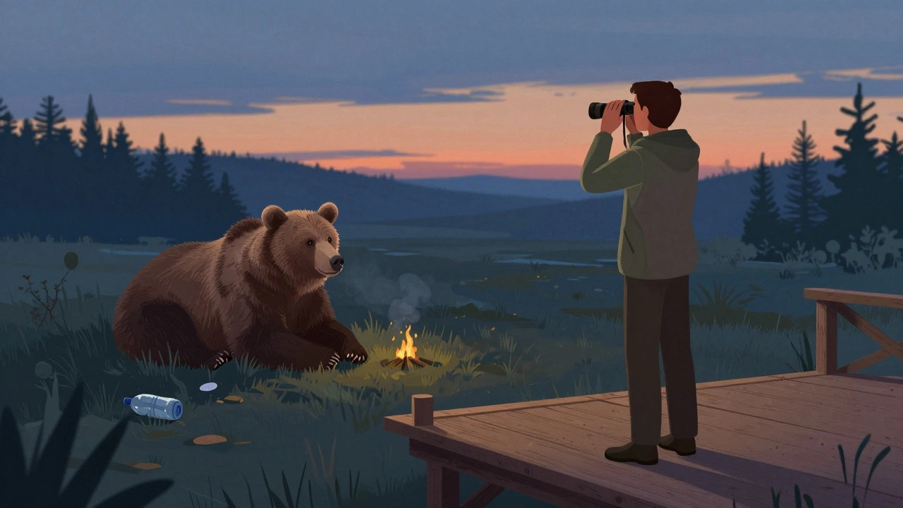 Наблюдение за медведем с дистанции, соблюдение тишины и правил поведения в заповеднике.