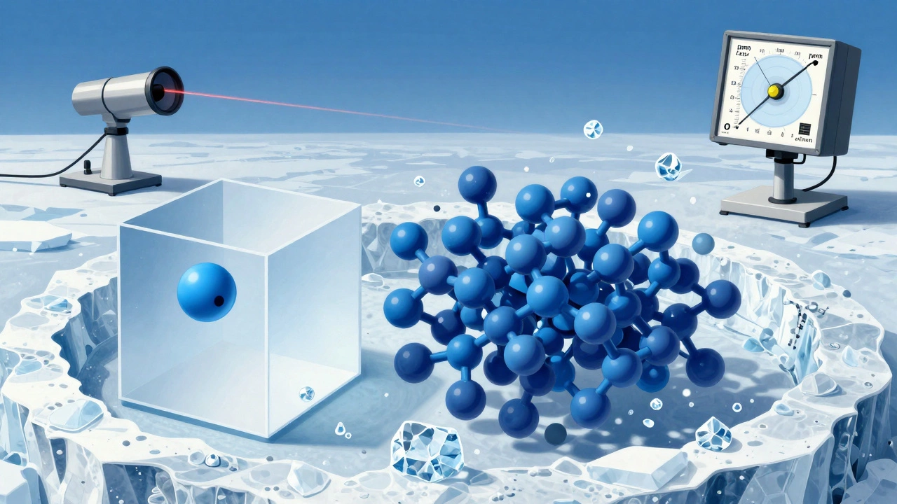 Научная иллюстрация молекул воды в антарктическом воздухе: одна молекула на кубический метр, окруженная азотом и кислородом.