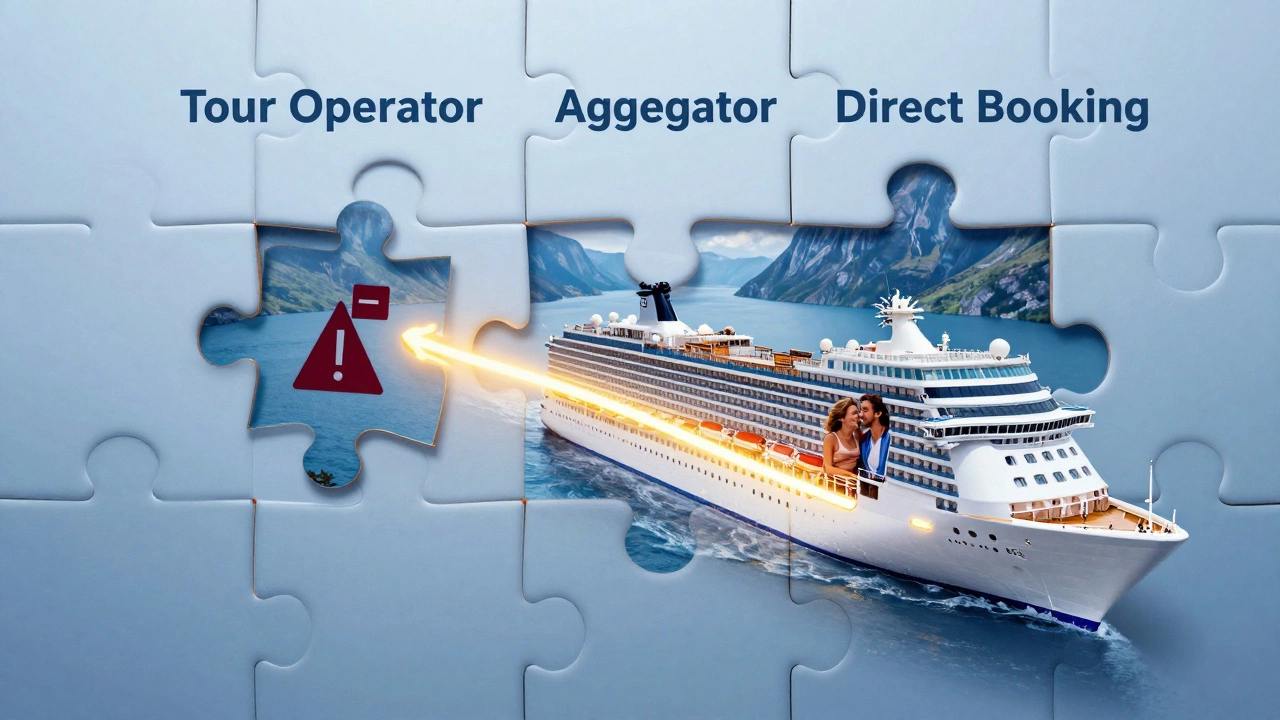 Пазл с тремя способами бронирования круиза, завершающийся изображением пары на балконе корабля.