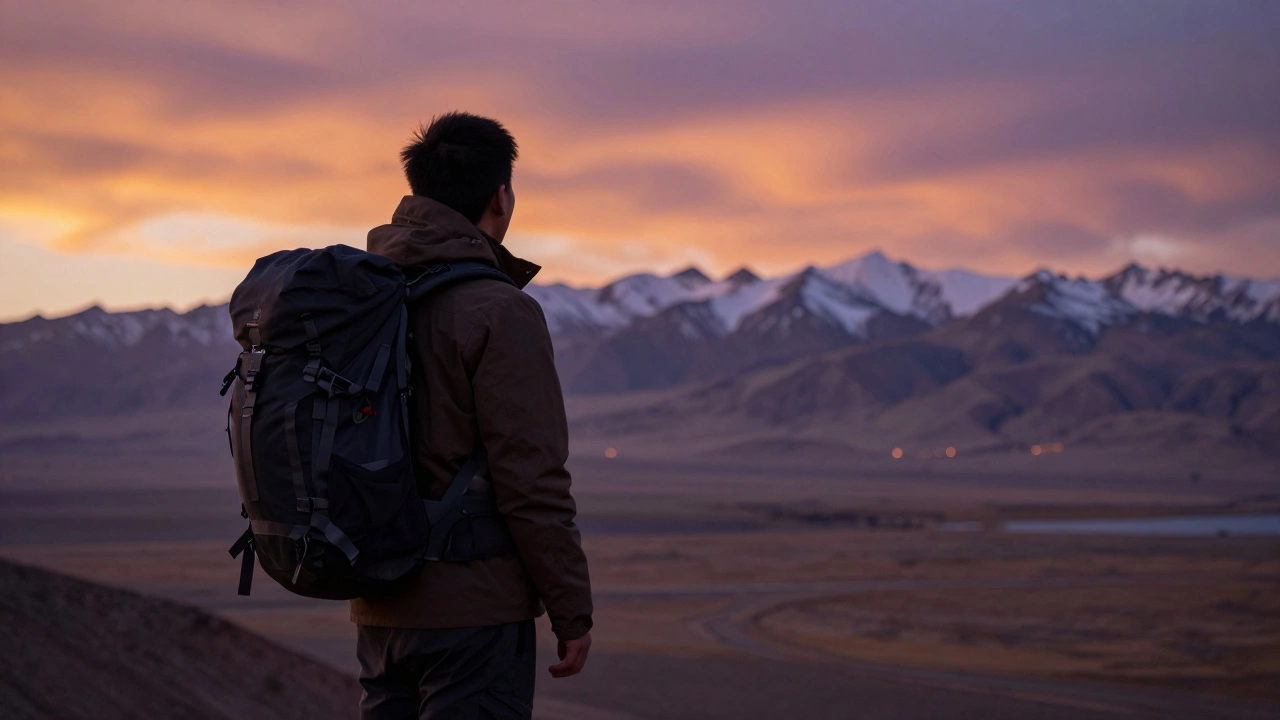 Путешественник с рюкзаком на фоне заката в центральной Азии.