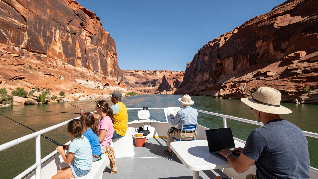 Разнообразные пассажиры на речном круизе на реке Колорадо, скалистые берега, семьи ловят рыбу, цифровой кочевник работает на палубе.