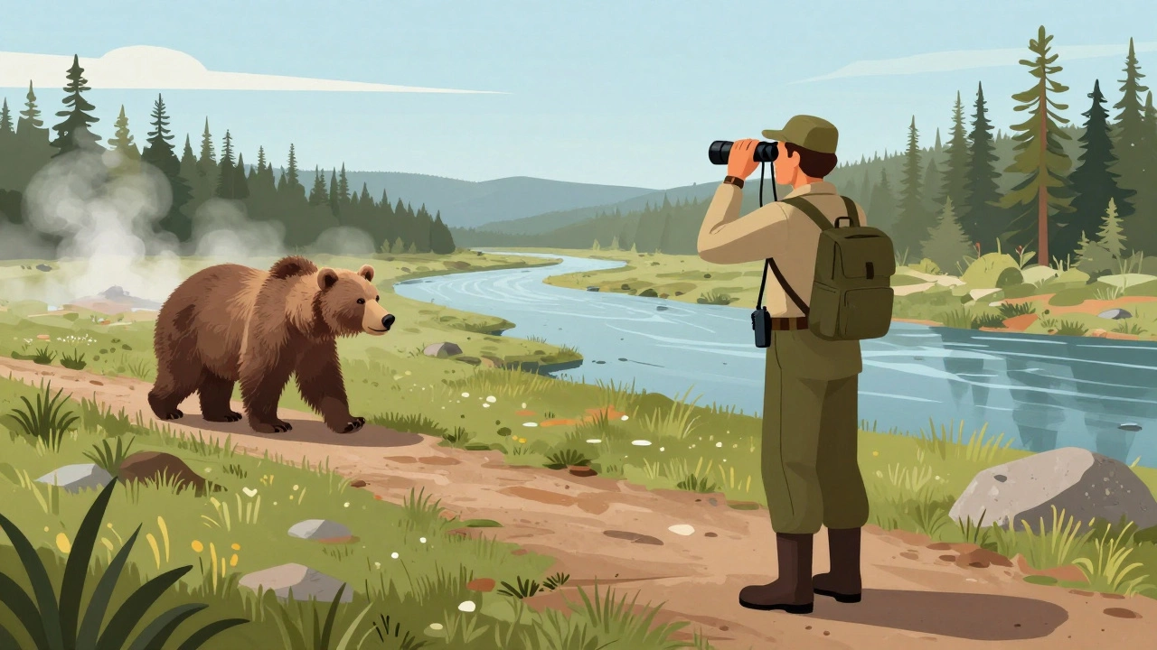 Рейнджер наблюдает за медведем на берегу реки в заповеднике Кроноцкий, стоя на обозначенной тропе.