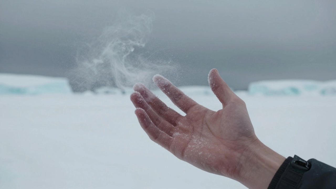 Рука в антарктическом воздухе, мгновенно покрывающаяся льдом, дыхание превращается в кристаллы, безжизненный горизонт.