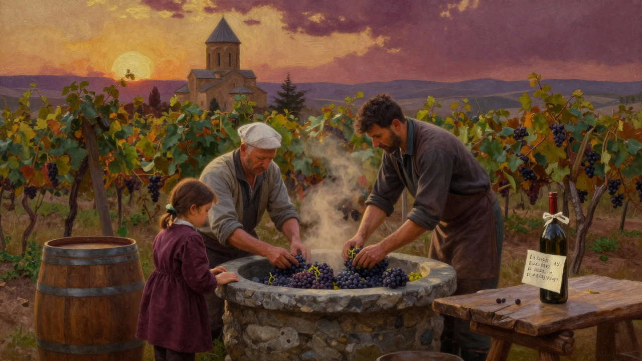 Семья и гость в винодельческой деревне Грузии трут виноград в каменной чаше на закате, без коммерческих элементов.