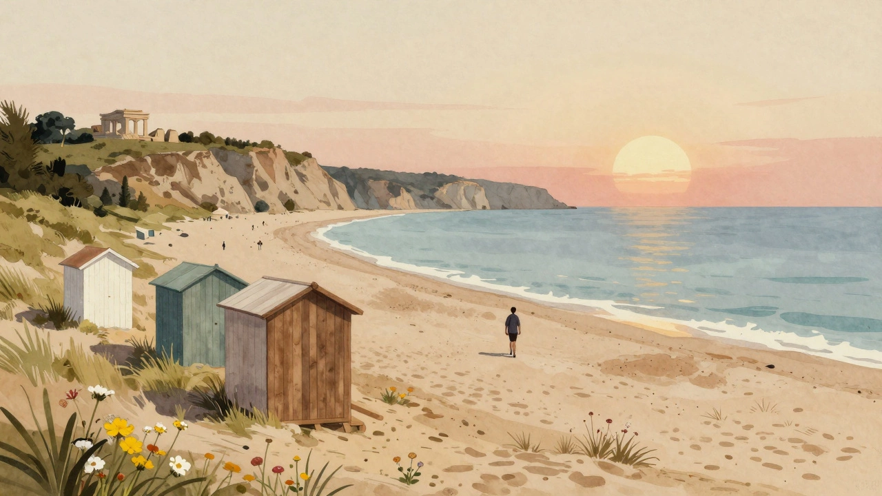 Тихий пляж у Чёрного моря в Болгарии с деревянными кабинками и древними руинами на горизонте.