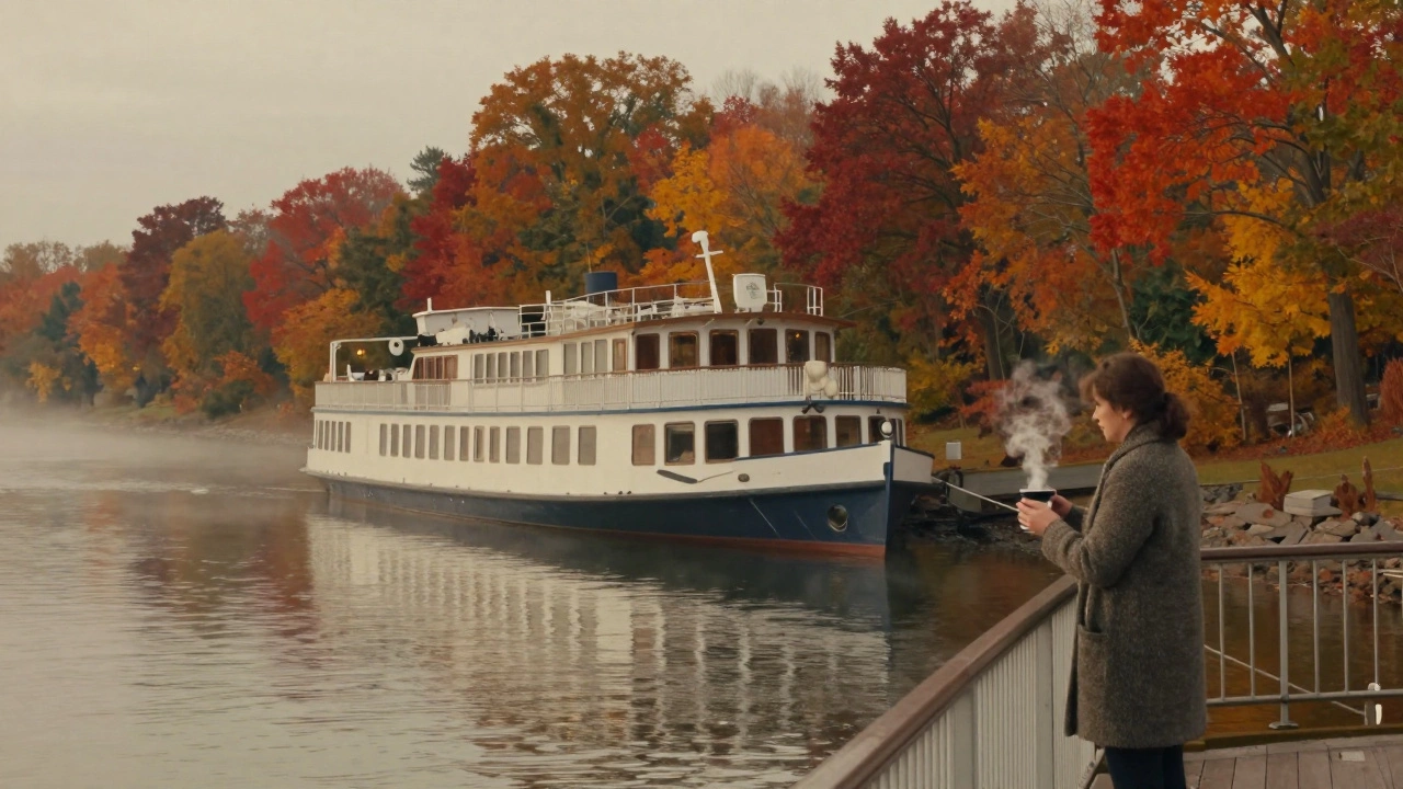 Тихое утро на реке Гудзон осенью, речной теплоход среди ярких осенних деревьев, женщина с чашкой на борту.