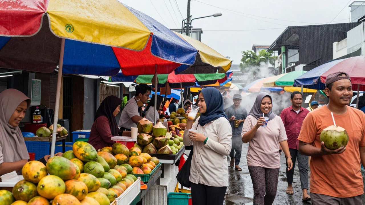 Тропический рынок в Джакарте с фруктами и людьми в легкой одежде под дождем.