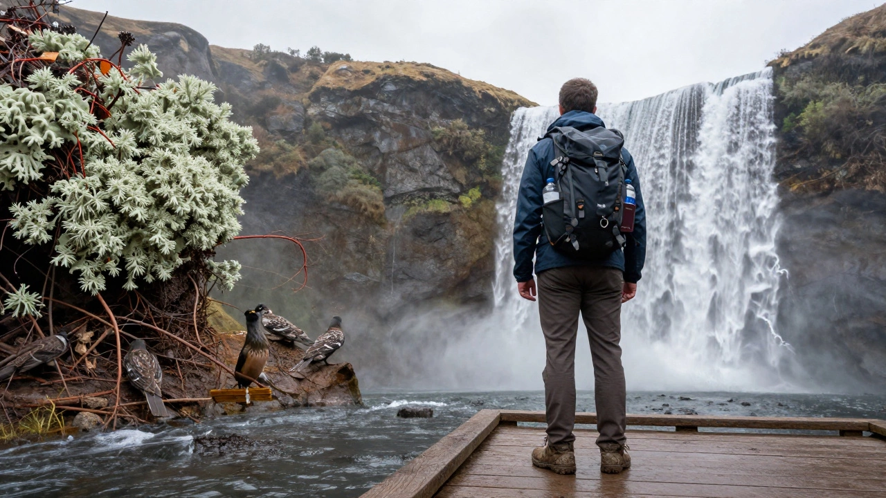 Турист стоит на деревянном мостике у водопада Кивач, за ним — прозрачное изображение уязвимой экосистемы.