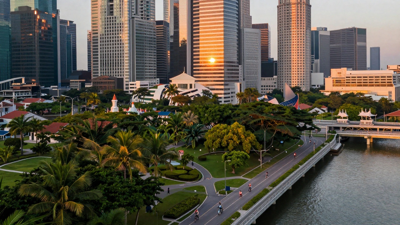 Урбанистический Сингапур на закате, люди гуляют без зимней одежды.