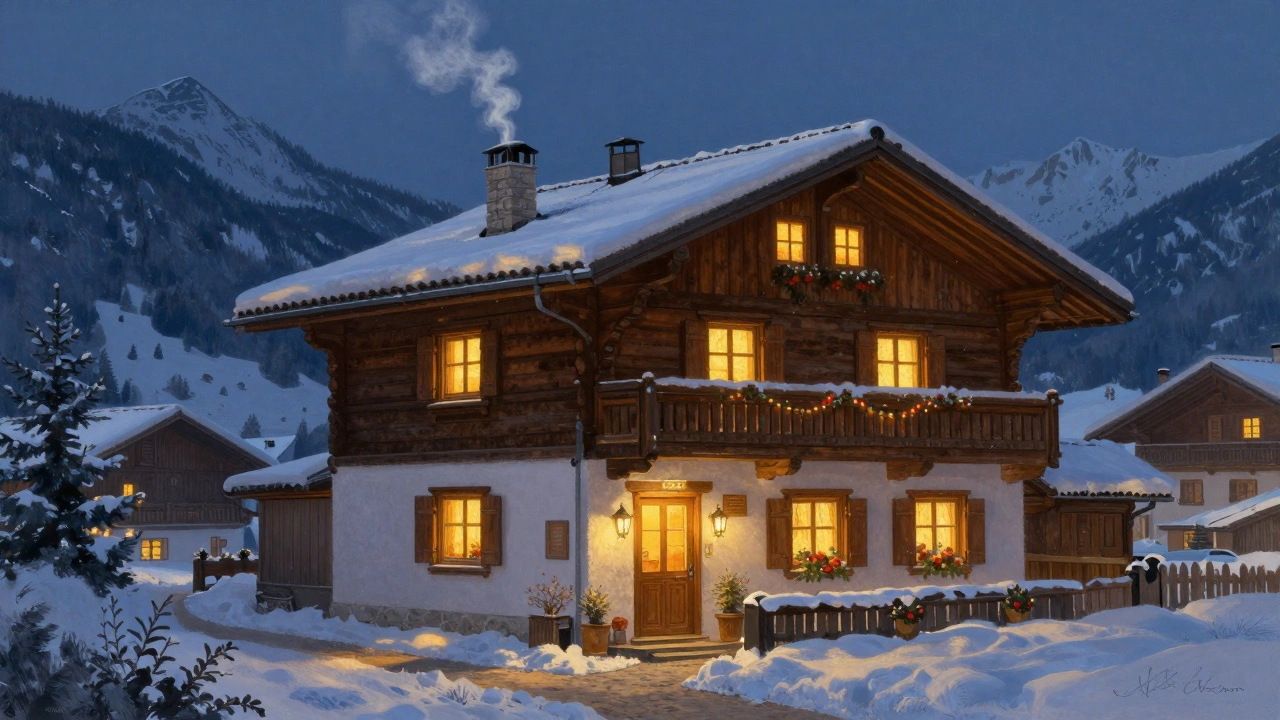 Уютная австрийская хижина с теплым светом окон среди снега.