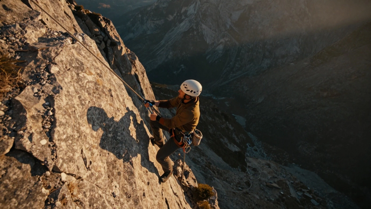 Альпинист в специальном снаряжении поднимается по отвесной скале на высоте