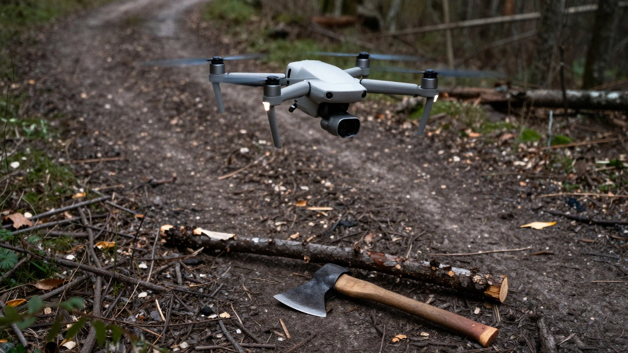 Дрон над лесом, зафиксировавший нарушение правил рубки деревьев