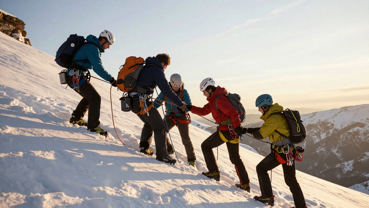 Группа альпинистов в связке помогает друг другу на заснеженном склоне