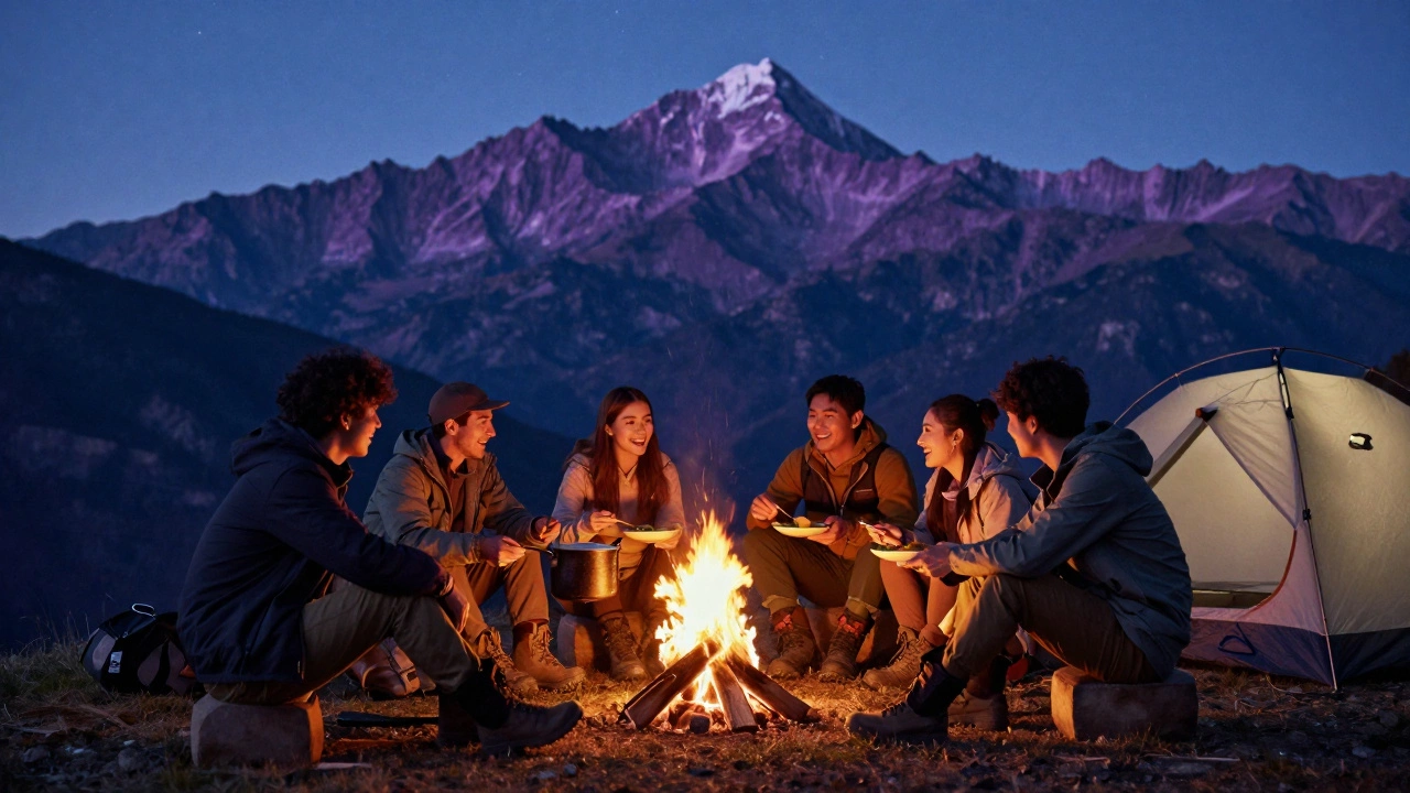 Группа туристов отдыхает у костра в горах под звездным небом