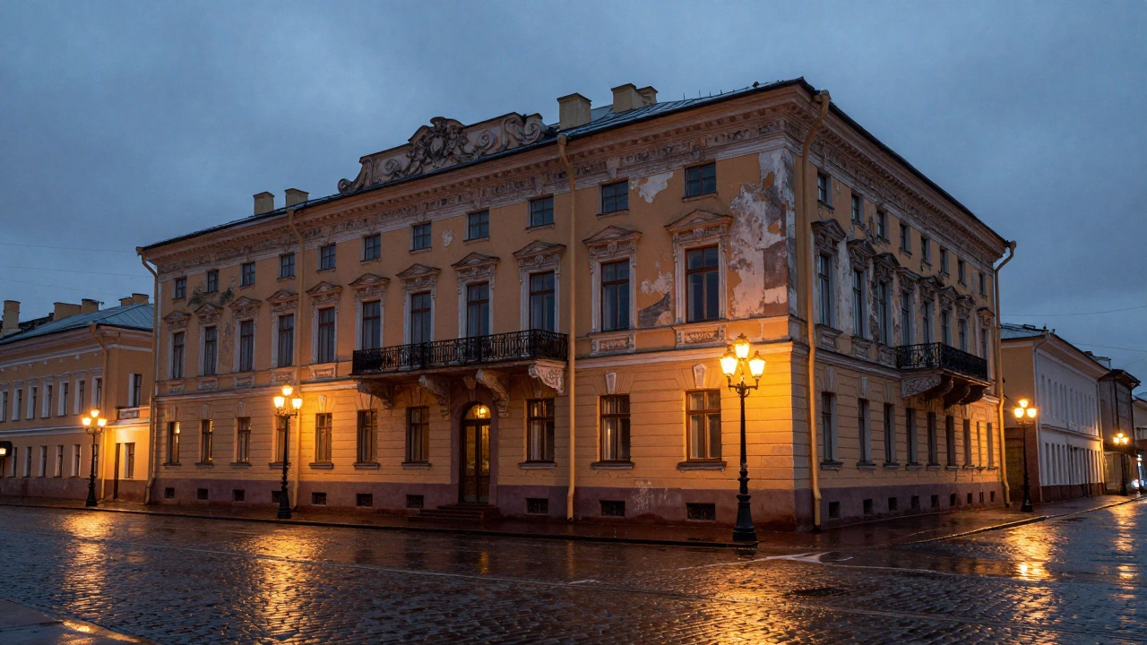 Исторический особняк в центре Санкт-Петербурга в сумерках на мокрой мостовой
