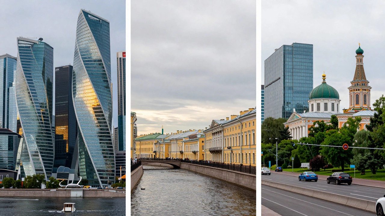 Коллаж с архитектурой Москвы-Сити, набережных Санкт-Петербурга и современных улиц Казани.