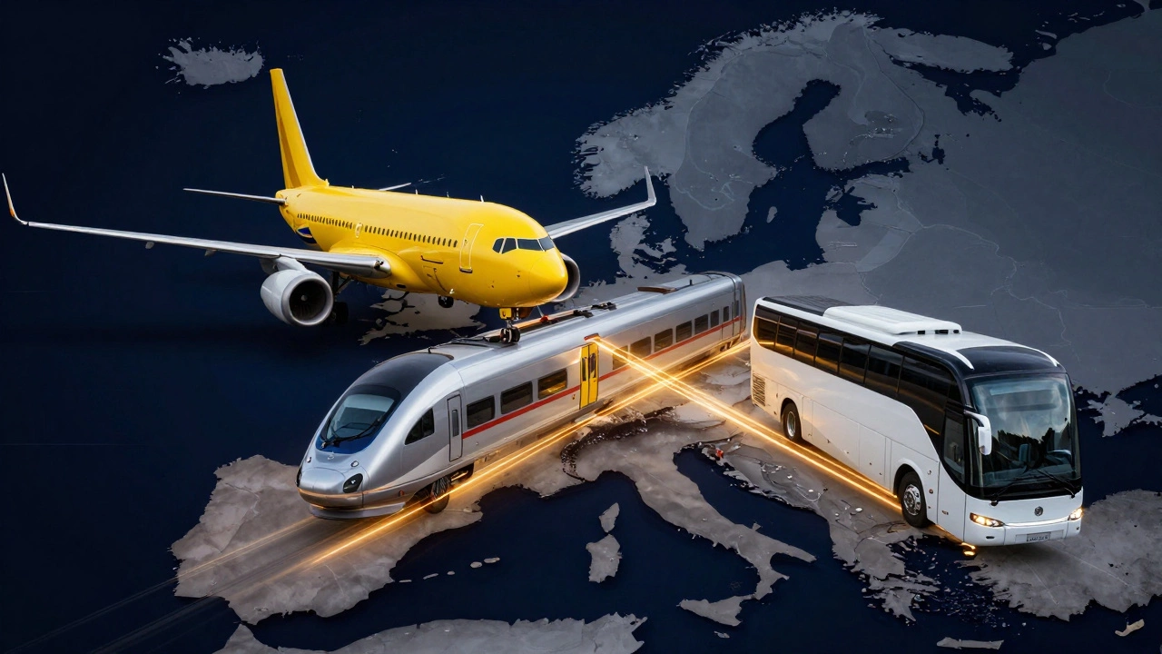 Коллаж с самолетом, поездом и автобусом на фоне карты Европы