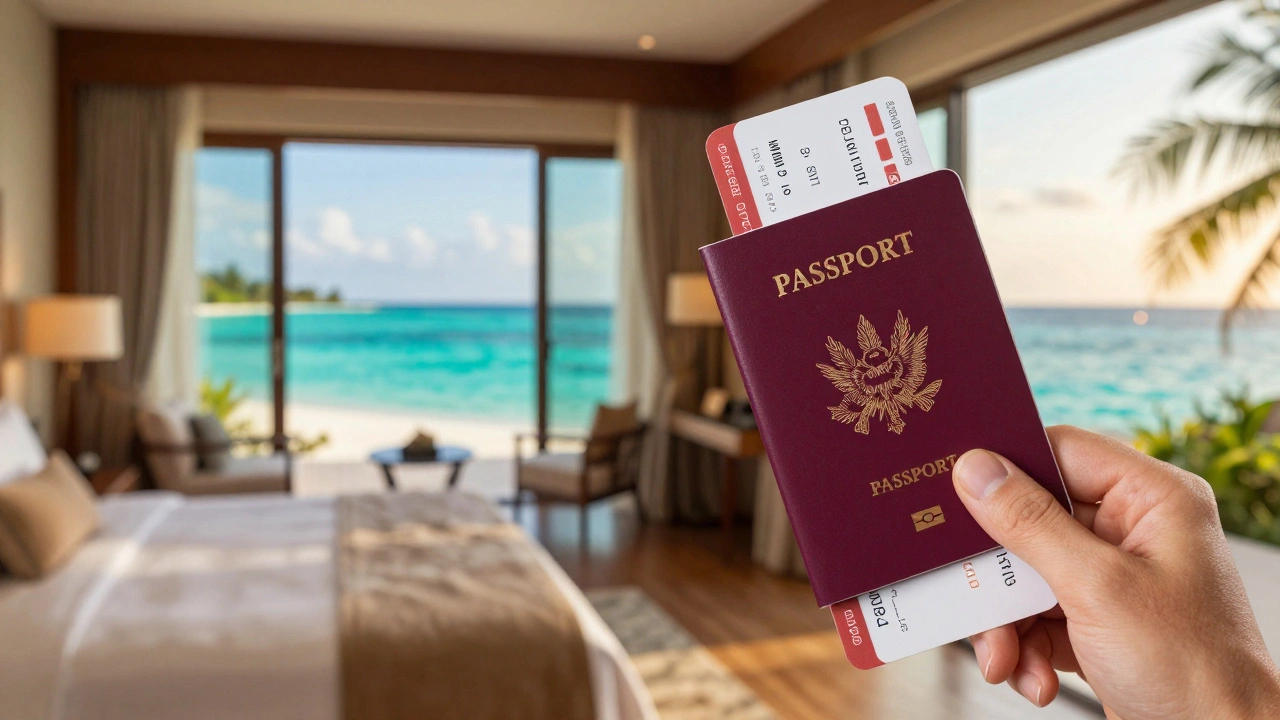 Коллаж с видом на море из окна отеля и загранпаспортом в руке