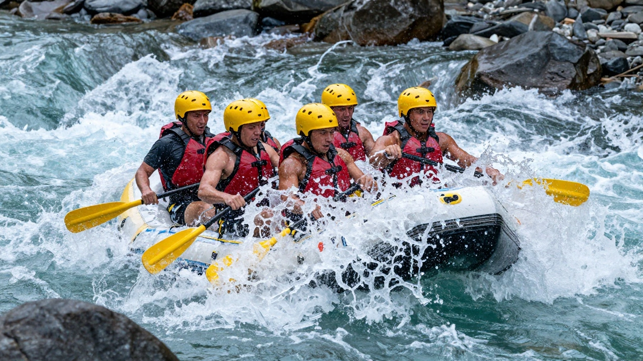 Команда рафтеров преодолевает бурный поток реки с высокими брызгами воды