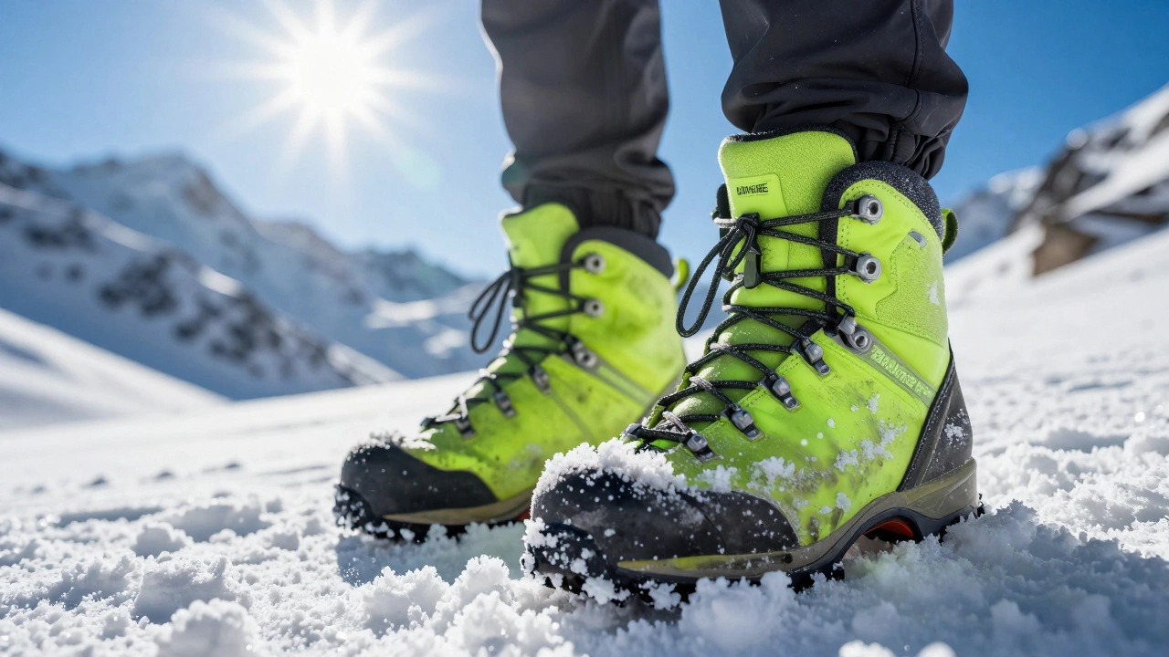 Крупный план знаменитых зеленых ботинок, занесенных снегом на Эвересте