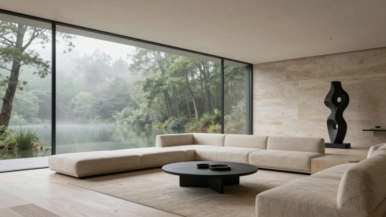 Минималистичный интерьер элитного дома с панорамными окнами и видом на озеро