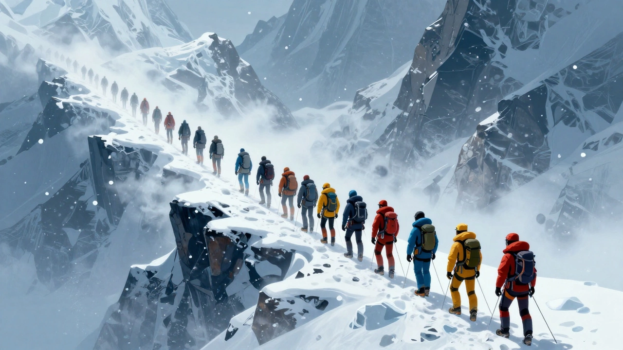 Очередь альпинистов в зоне смерти Эвереста среди снежной бури