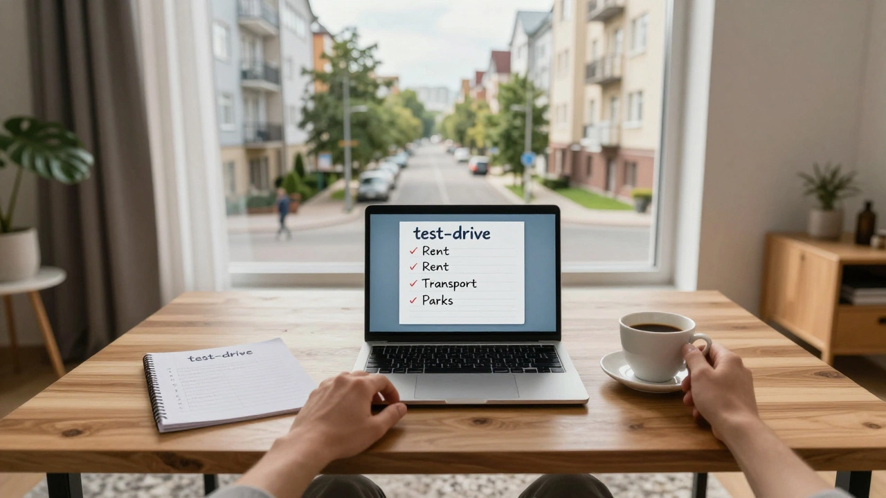 Рабочее место в квартире с видом на городской район, символизирующее планирование переезда.