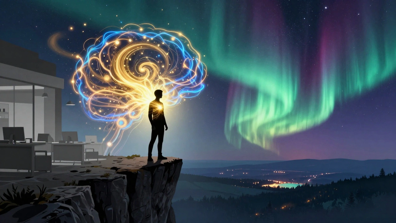 Сюрреалистическое изображение человека на краю скалы, символизирующее перезагрузку сознания