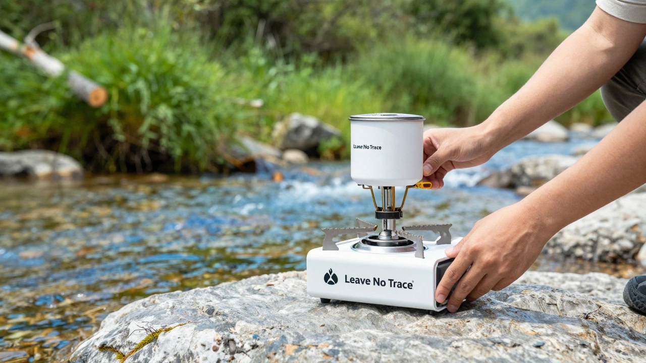 Турист использует газовую горелку в лесу, чтобы не рубить деревья