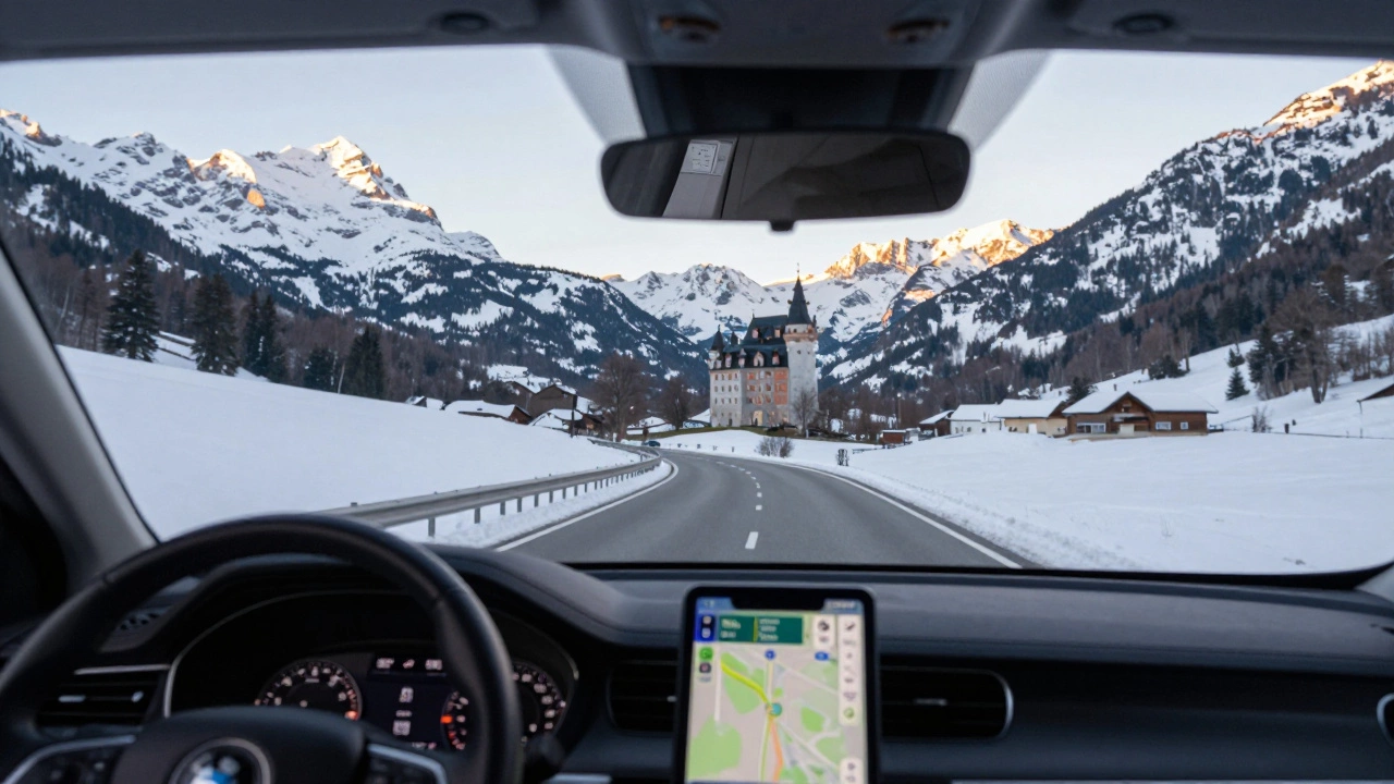 Вид из окна автомобиля на заснеженные Альпы и старинный замок